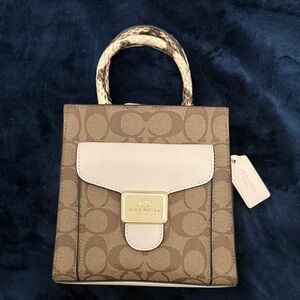 Coach Brown and Cream Mini Bag with Snakeskin Print on sides